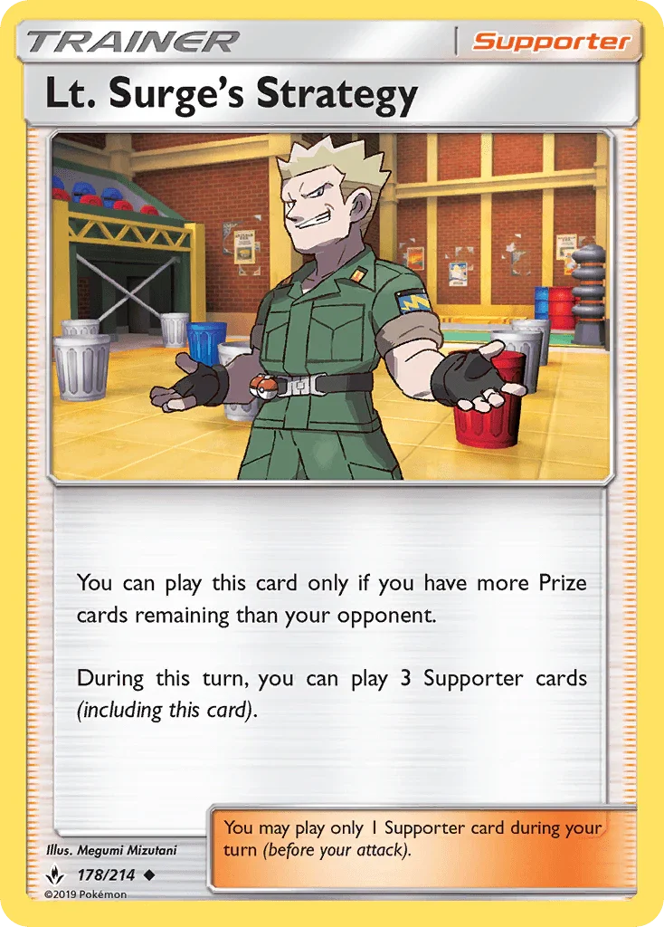 178, Normal, Reverse Holofoil, Sun & Moon: Unbroken Bonds, Supporter, Uncommon Lt. Surge's Strategy (178/214) [Sun & Moon: Unbroken Bonds] - Trading Card World