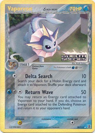 18, EX: Delta Species, Holo Rare, Lightning[×2], Metal, Reverse Holofoil, Water Vaporeon (18/113) (Delta Species) (Stamped) [EX: Delta Species] - Trading Card World
