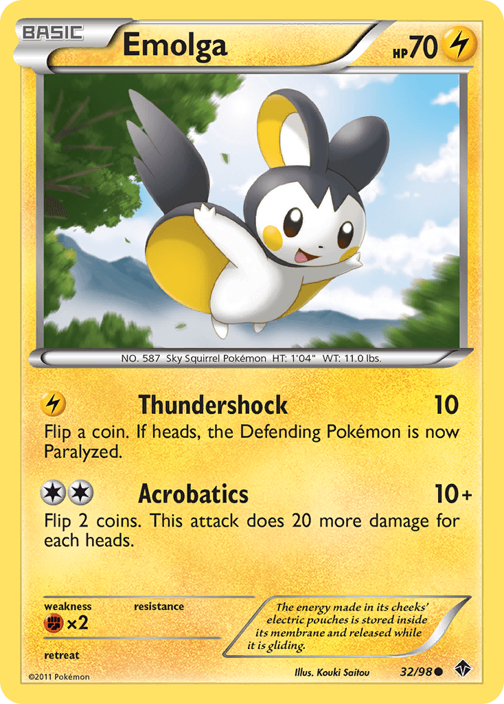 32, Black & White: Emerging Powers, Common, Fighting[×2], Lightning, Normal, Reverse Holofoil Emolga (32/98) [Black & White: Emerging Powers] - Trading Card World