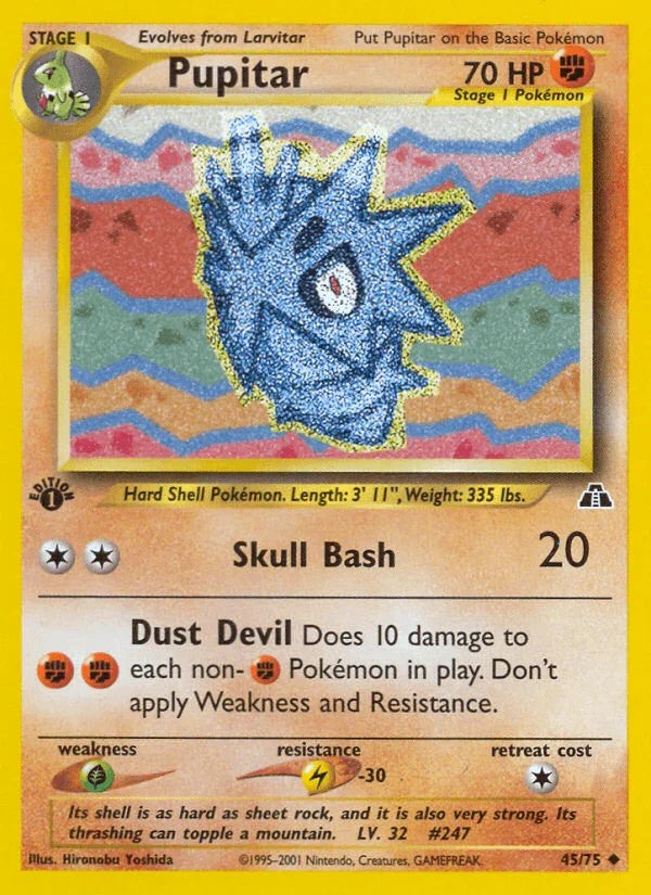 1st Edition Normal, 45, Fighting, Grass[×2], Lightning[-30], Neo Discovery 1st Edition, Uncommon Pupitar (45/75) [Neo Discovery 1st Edition] - Trading Card World
