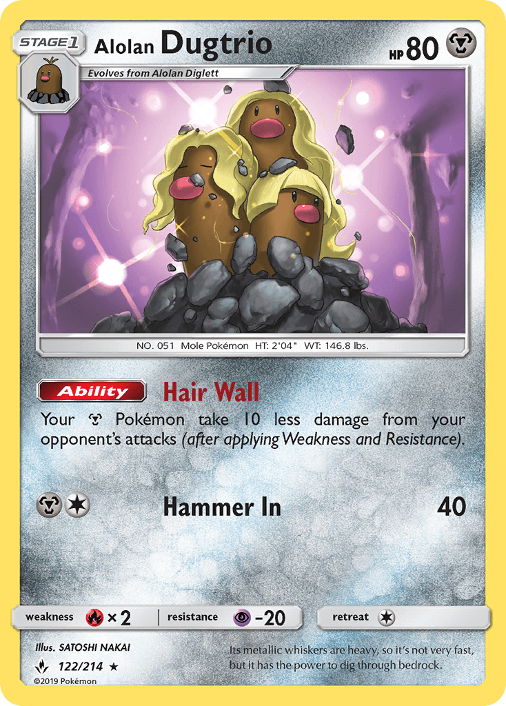 122, Fire[×2], Metal, Normal, Psychic[-20], Rare, Reverse Holofoil, Sun & Moon: Unbroken Bonds Alolan Dugtrio (122/214) [Sun & Moon: Unbroken Bonds] - Trading Card World