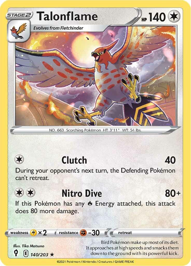 140, Colorless, Fighting [-30], Lightning [x2], Normal, Rare, Reverse Holofoil, Sword & Shield: Evolving Skies Talonflame (140/203) [Sword & Shield: Evolving Skies] - Trading Card World