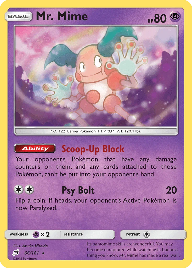 66, Normal, Psychic, Psychic[×2], Rare, Reverse Holofoil, Sun & Moon: Team Up Mr. Mime (66/181) [Sun & Moon: Team Up] - Trading Card World