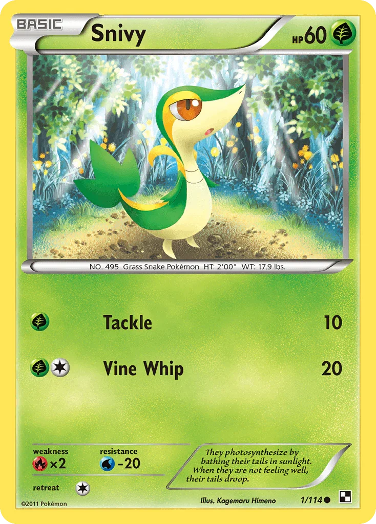 Black & White: Base Set, Common, Fire[×2], Grass, Normal, Reverse Holofoil, Water[-20] Snivy (1/114) [Black & White: Base Set] - Trading Card World