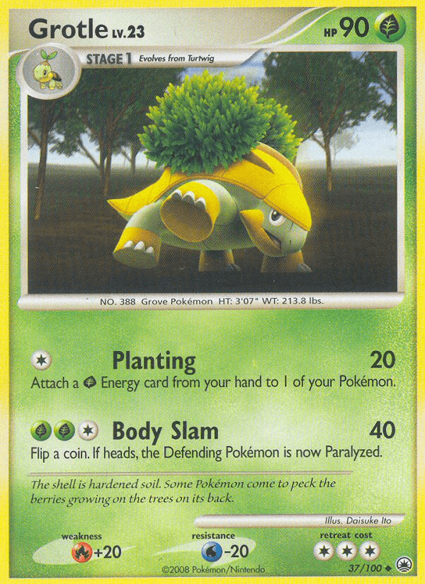 37, Diamond & Pearl: Majestic Dawn, Fire[+20], Grass, Normal, Reverse Holofoil, Uncommon, Water[-20] Grotle (37/100) [Diamond & Pearl: Majestic Dawn] - Trading Card World