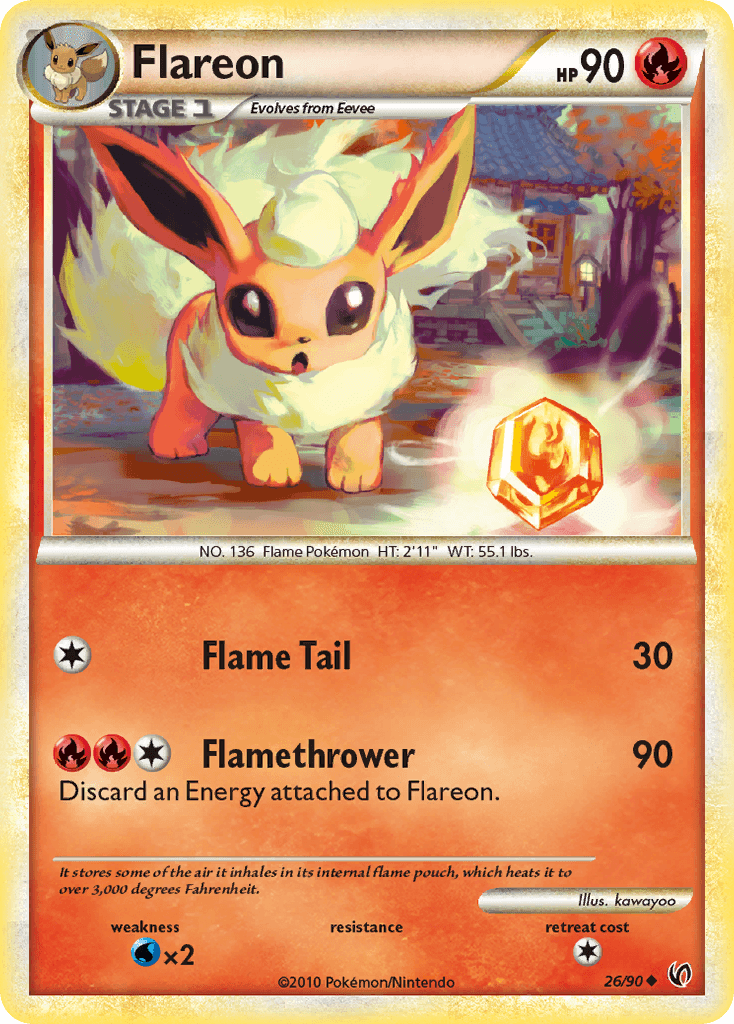 26, Fire, HeartGold & SoulSilver: Undaunted, Normal, Reverse Holofoil, Uncommon, Water[×2] Flareon (26/90) [HeartGold & SoulSilver: Undaunted] - Trading Card World