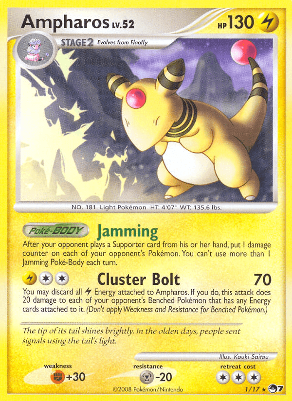 Fighting[+30], Holofoil, Lightning, Metal[-20], Normal, POP Series 7, Rare Ampharos (1/17) [POP Series 7] - Trading Card World
