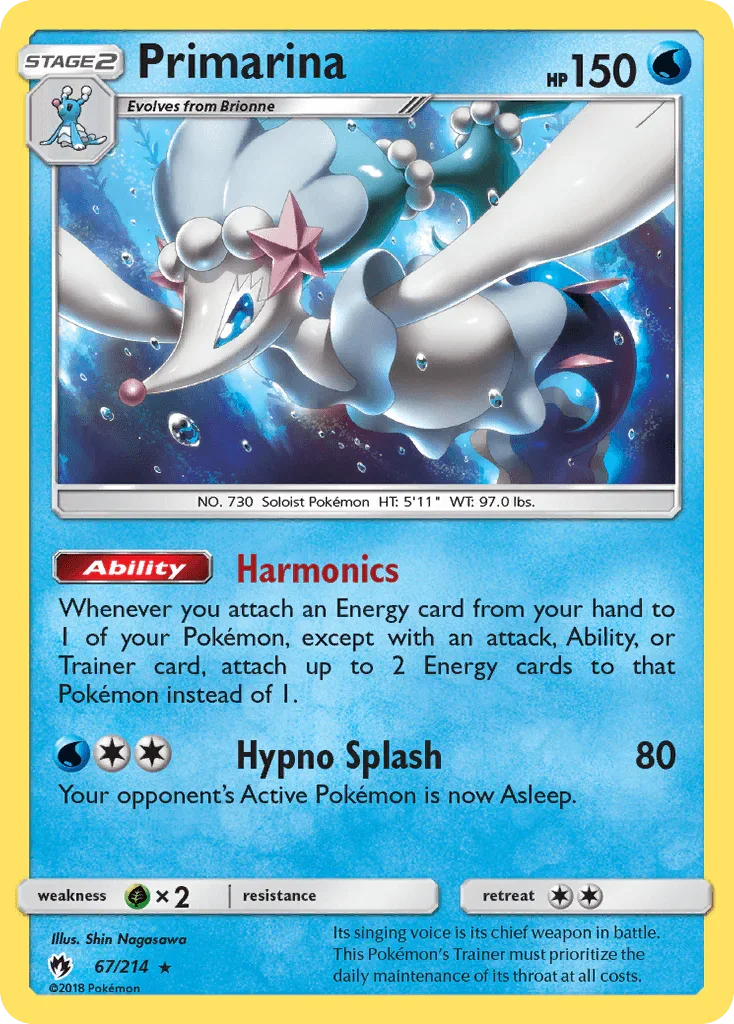 67, Grass[×2], Normal, Rare, Reverse Holofoil, Sun & Moon: Lost Thunder, Water Primarina (67/214) [Sun & Moon: Lost Thunder] - Trading Card World