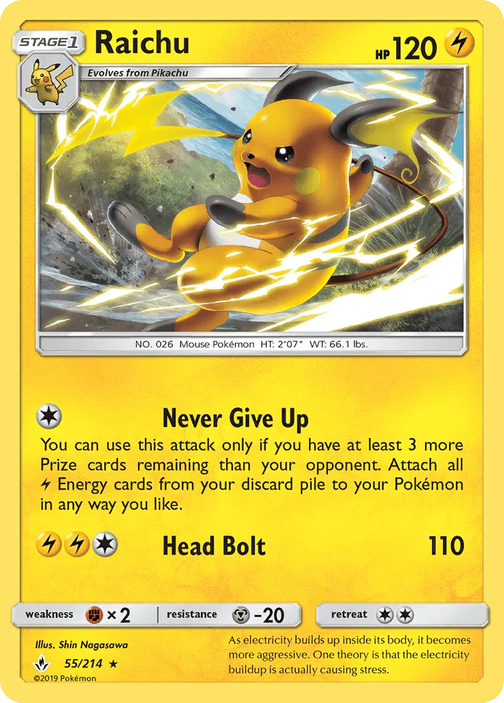 55, Fighting[×2], Lightning, Metal[-20], Normal, Rare, Reverse Holofoil, Sun & Moon: Unbroken Bonds Raichu (55/214) [Sun & Moon: Unbroken Bonds] - Trading Card World