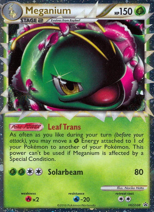 Black Star Promo, Fire[×2], Grass, HeartGold & SoulSilver: Black Star Promos, HGSS08, Holofoil, Water[-20] Meganium (HGSS08) [HeartGold & SoulSilver: Black Star Promos] - Trading Card World