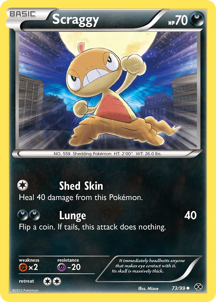 73, Black & White: Next Destinies, Darkness, Fighting[×2], Normal, Psychic[-20], Reverse Holofoil, Uncommon Scraggy (73/99) [Black & White: Next Destinies] - Trading Card World