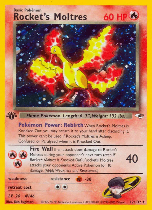 12, 1st Edition Holofoil, Fighting[-30], Fire, Gym Heroes 1st Edition, Holo Rare Rocket's Moltres (12/132) [Gym Heroes 1st Edition] - Trading Card World