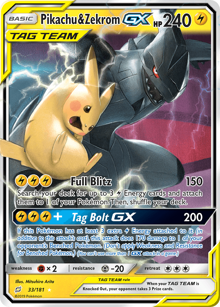 33, Fighting[×2], Holofoil, Lightning, Metal[-20], Sun & Moon: Team Up, Ultra Rare Pikachu & Zekrom GX (33/181) [Sun & Moon: Team Up] - Trading Card World