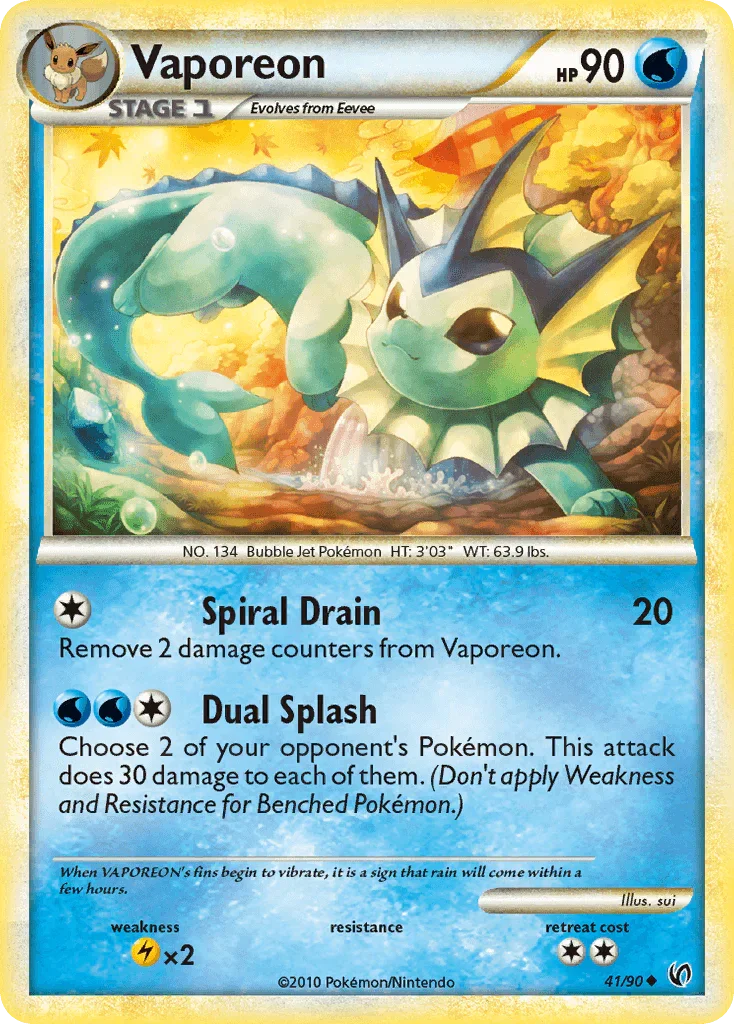 41, HeartGold & SoulSilver: Undaunted, Lightning[×2], Normal, Reverse Holofoil, Uncommon, Water Vaporeon (41/90) [HeartGold & SoulSilver: Undaunted] - Trading Card World