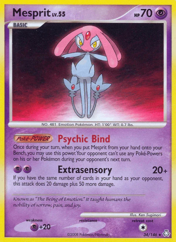 34, Diamond & Pearl: Legends Awakened, Normal, Psychic, Psychic[+20], Rare, Reverse Holofoil Mesprit (34/146) [Diamond & Pearl: Legends Awakened] - Trading Card World