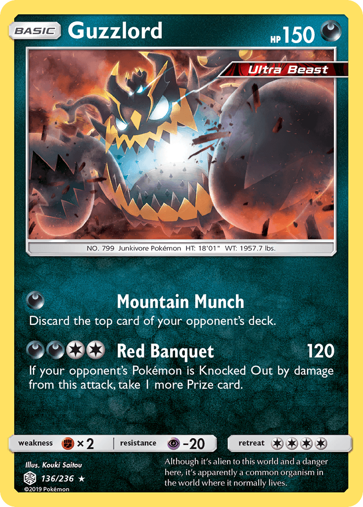 136, Darkness, Fighting[×2], Holo Rare, Holofoil, Psychic[-20], Reverse Holofoil, Sun & Moon: Cosmic Eclipse Guzzlord (136/236) [Sun & Moon: Cosmic Eclipse] - Trading Card World