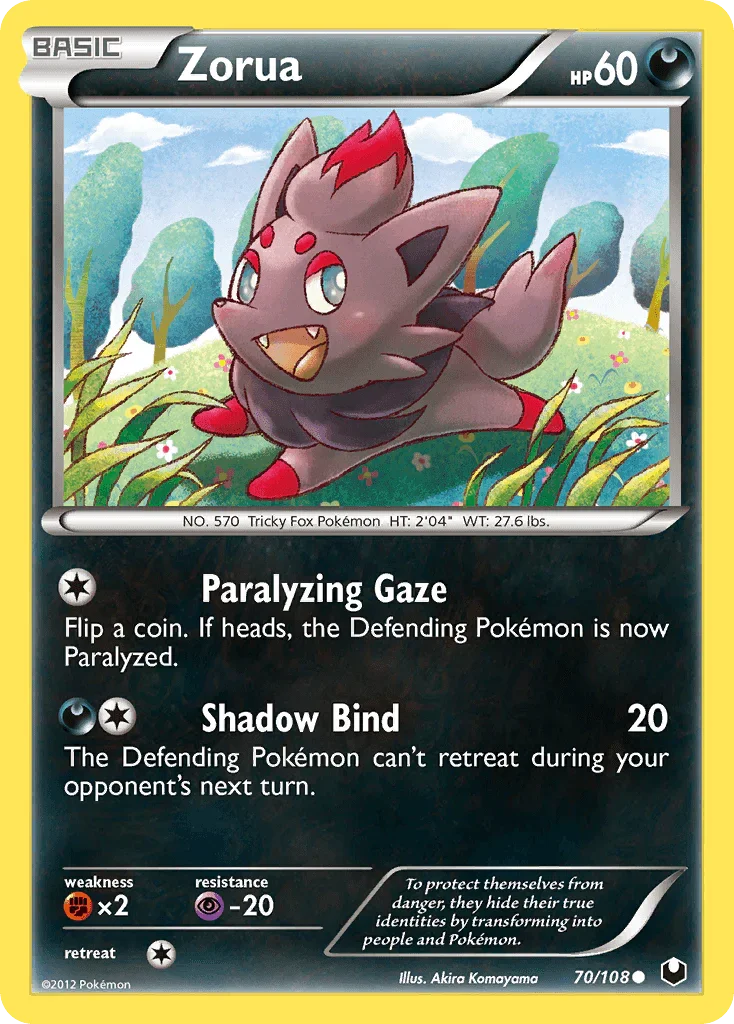 70, Black & White: Dark Explorers, Common, Darkness, Fighting[×2], Normal, Psychic[-20], Reverse Holofoil Zorua (70/108) [Black & White: Dark Explorers] - Trading Card World