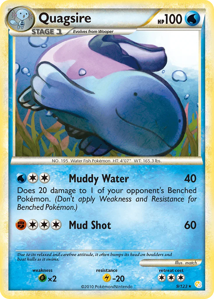 Grass[×2], HeartGold & SoulSilver: Base Set, Holo Rare, Holofoil, Lightning[-20], Reverse Holofoil, Water Quagsire (9/123) [HeartGold & SoulSilver: Base Set] - Trading Card World