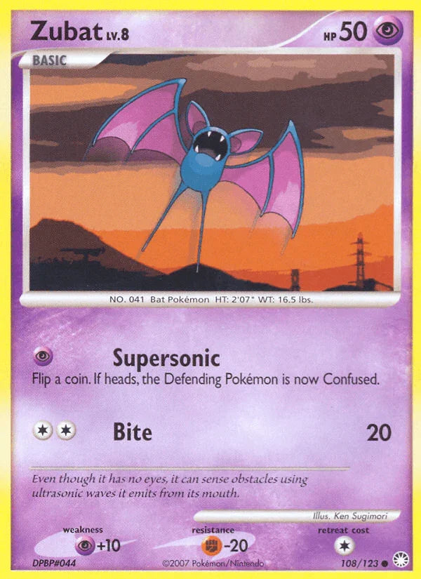 108, Common, Diamond & Pearl: Mysterious Treasures, Fighting[-20], Normal, Psychic, Psychic[+10], Reverse Holofoil Zubat (108/123) [Diamond & Pearl: Mysterious Treasures] - Trading Card World