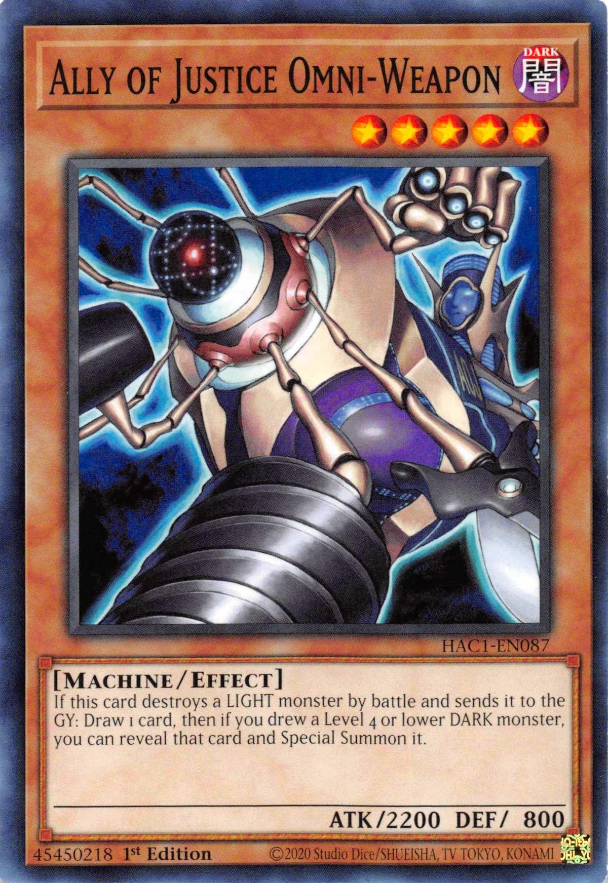 1st Edition, Common, Dark, Effect Monster, Hidden Arsenal: Chapter 1, Machine Ally of Justice Omni-Weapon [HAC1-EN087] Common - Trading Card World