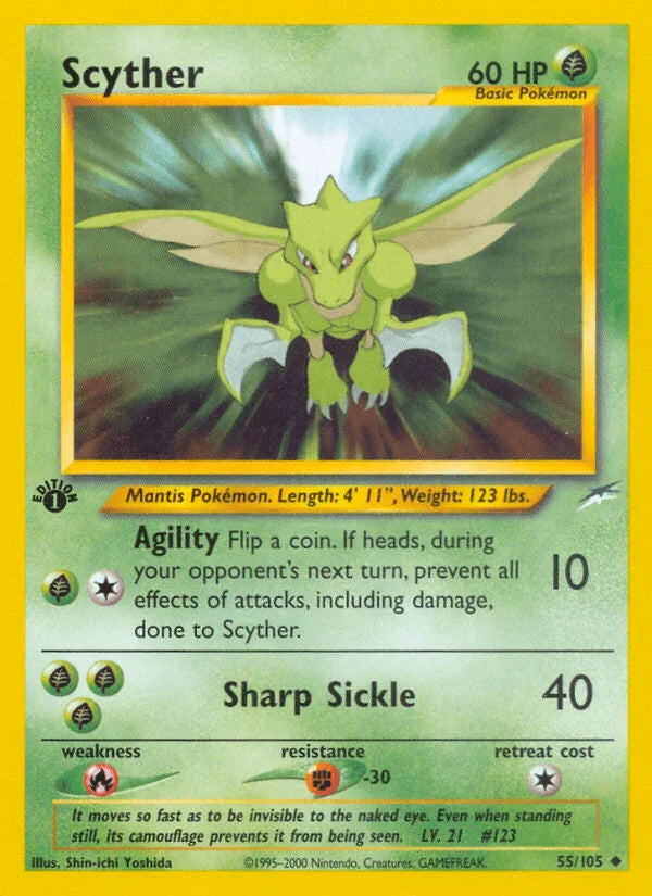 1st Edition Normal, 55, Fighting[-30], Fire[×2], Grass, Neo Destiny 1st Edition, Uncommon Scyther (55/105) [Neo Destiny 1st Edition] - Trading Card World