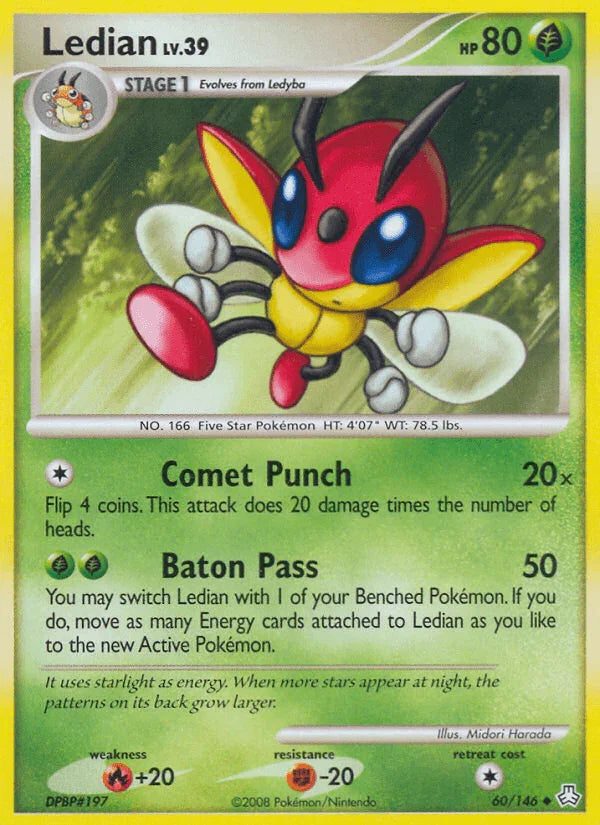 60, Diamond & Pearl: Legends Awakened, Fighting[-20], Fire[+20], Grass, Normal, Reverse Holofoil, Uncommon Ledian (60/146) [Diamond & Pearl: Legends Awakened] - Trading Card World