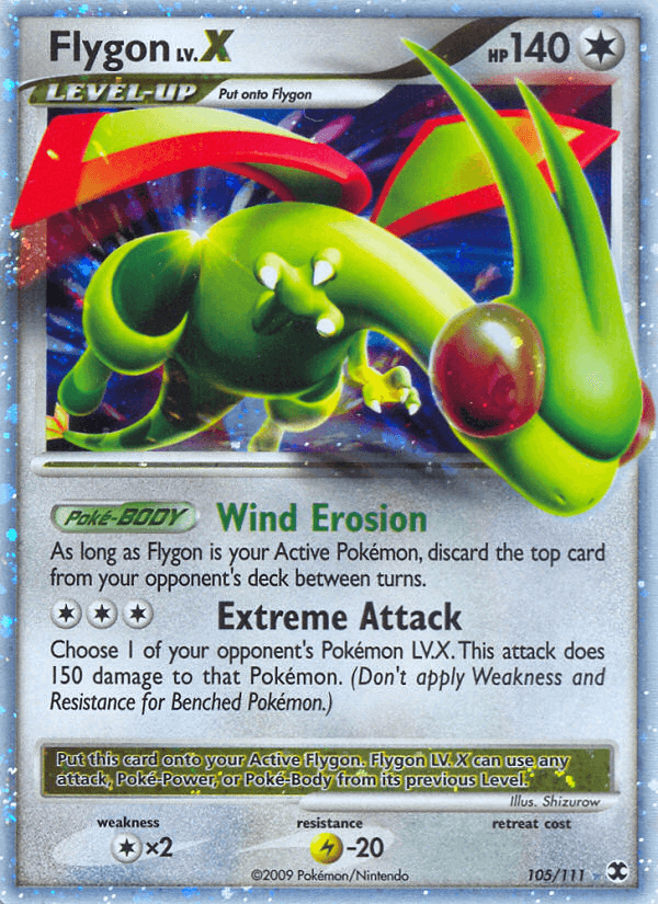 105, Colorless, Colorless[×2], Holo Rare, Holofoil, Lightning[-20], Platinum: Rising Rivals Flygon LV.X (105/111) [Platinum: Rising Rivals] - Trading Card World