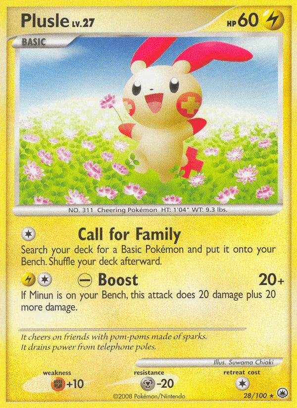 28, Diamond & Pearl: Majestic Dawn, Fighting[+10], Lightning, Metal[-20], Normal, Rare, Reverse Holofoil Plusle (28/100) [Diamond & Pearl: Majestic Dawn] - Trading Card World
