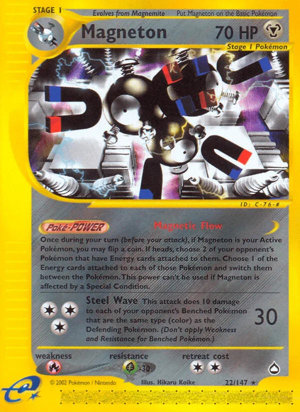 22, Aquapolis, Fire[×2], Grass[-30], Metal, Normal, Rare, Reverse Holofoil Magneton (22/147) [Aquapolis] - Trading Card World