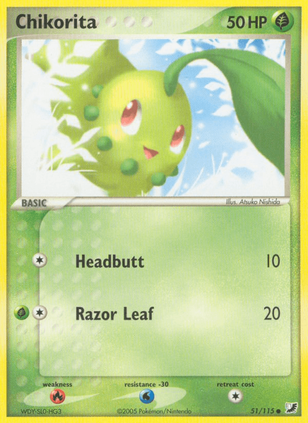 51, Common, EX: Unseen Forces, Fire[×2], Grass, Normal, Water[-30] Chikorita (51/115) [EX: Unseen Forces] - Trading Card World