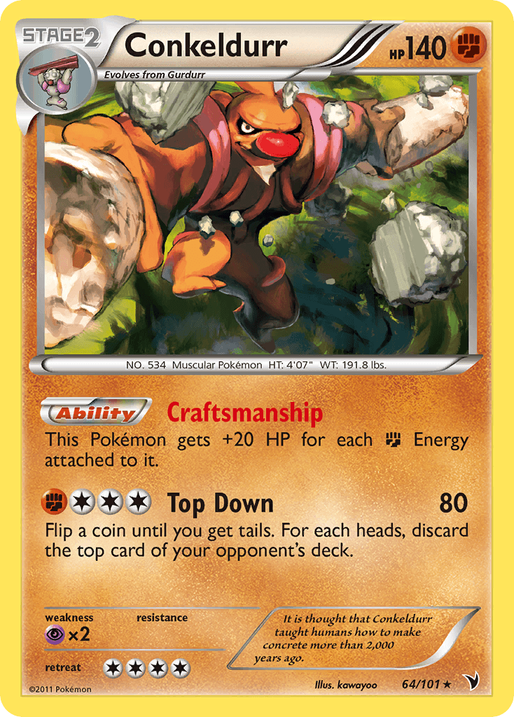 64, Black & White: Noble Victories, Fighting, Holo Rare, Holofoil, Psychic[×2], Reverse Holofoil Conkeldurr (64/101) [Black & White: Noble Victories] - Trading Card World