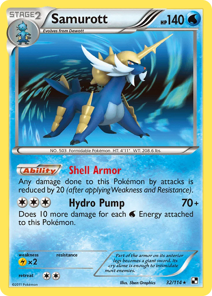 32, Black & White: Base Set, Holo Rare, Holofoil, Lightning[×2], Reverse Holofoil, Water Samurott (32/114) [Black & White: Base Set] - Trading Card World