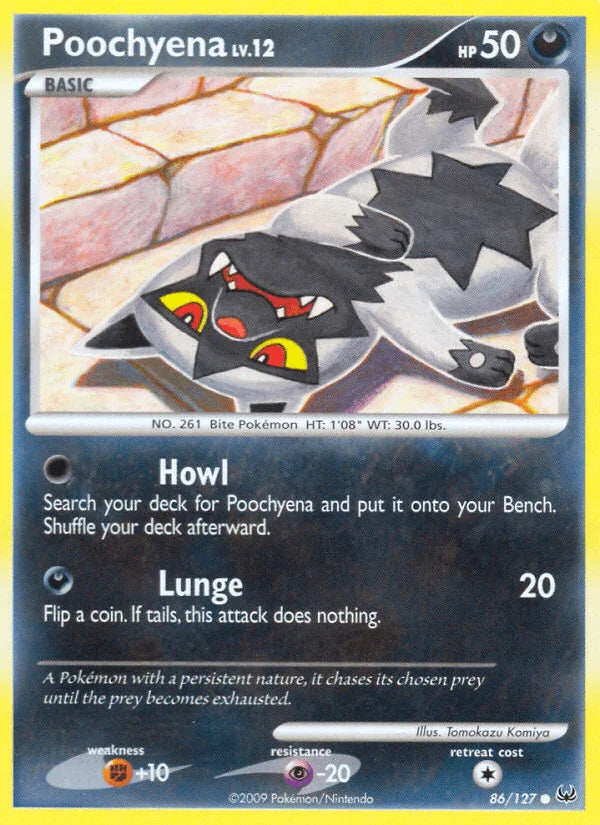 86, Common, Darkness, Fighting[+10], Normal, Platinum: Base Set, Psychic[-20], Reverse Holofoil Poochyena (86/127) [Platinum: Base Set] - Trading Card World