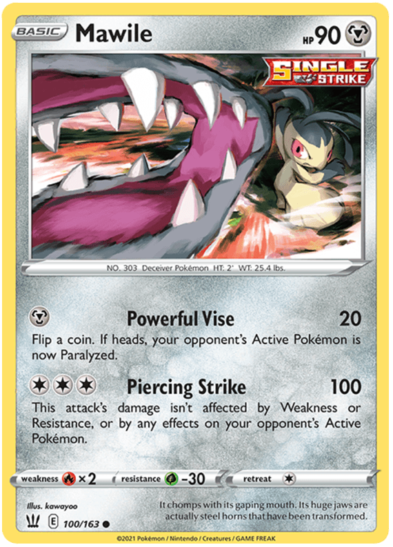 100, Common, Fire[x2], Grass[-30], Metal, Normal, Reverse Holofoil, Sword & Shield: Battle Styles Mawile (100/163) [Sword & Shield: Battle Styles] - Trading Card World