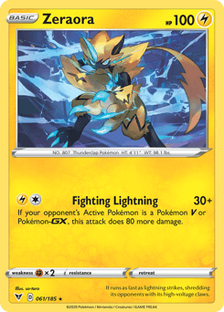 061, Fighting[×2], Holo Rare, Holofoil, Lightning, Reverse Holofoil, Sword & Shield: Vivid Voltage Zeraora (061/185) [Sword & Shield: Vivid Voltage] - Trading Card World