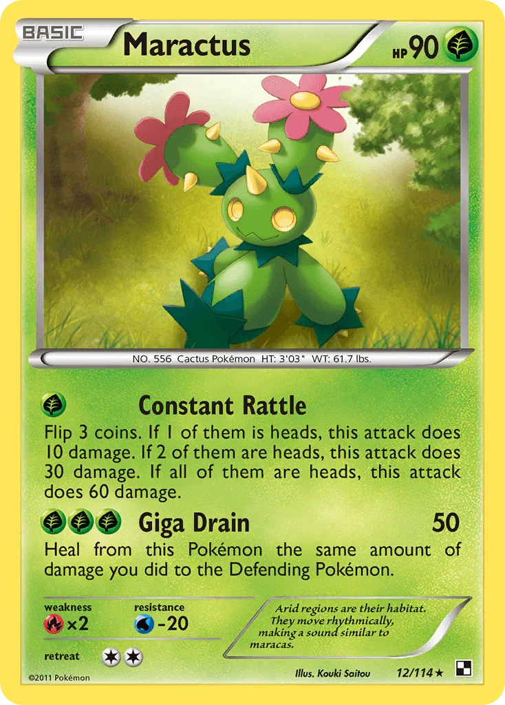 12, Black & White: Base Set, Fire[×2], Grass, Normal, Rare, Reverse Holofoil, Water[-20] Maractus (12/114) [Black & White: Base Set] - Trading Card World