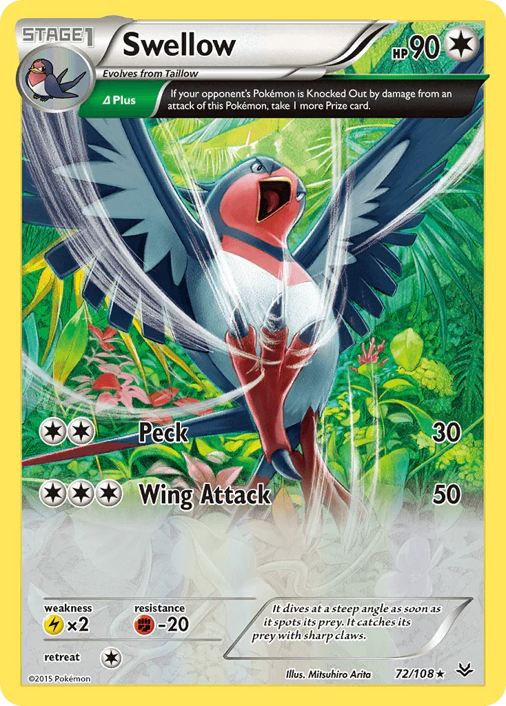 72, Colorless, Fighting[-20], Holo Rare, Holofoil, Lightning[×2], Reverse Holofoil, XY: Roaring Skies Swellow (72/108) [XY: Roaring Skies] - Trading Card World