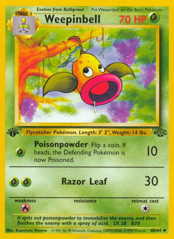 1st Edition Normal, 48, Fire[×2], Grass, Jungle 1st Edition, Uncommon Weepinbell (48/64) [Jungle 1st Edition] - Trading Card World