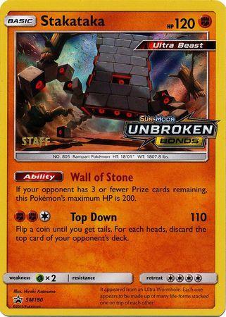 Fighting, Grass[×2], Holofoil, Promo, Reverse Holofoil, SM180, Sun & Moon: Black Star Promos Stakataka (SM180) (Staff Prerelease Promo) [Sun & Moon: Black Star Promos] - Trading Card World
