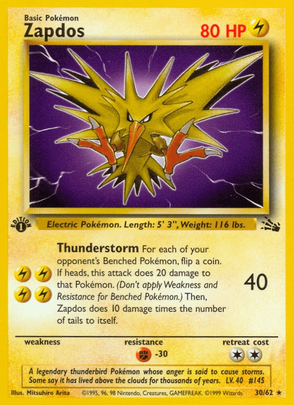 1st Edition Normal, 30, Fighting[-30], Fossil 1st Edition, Lightning, Rare Zapdos (30/62) [Fossil 1st Edition] - Trading Card World