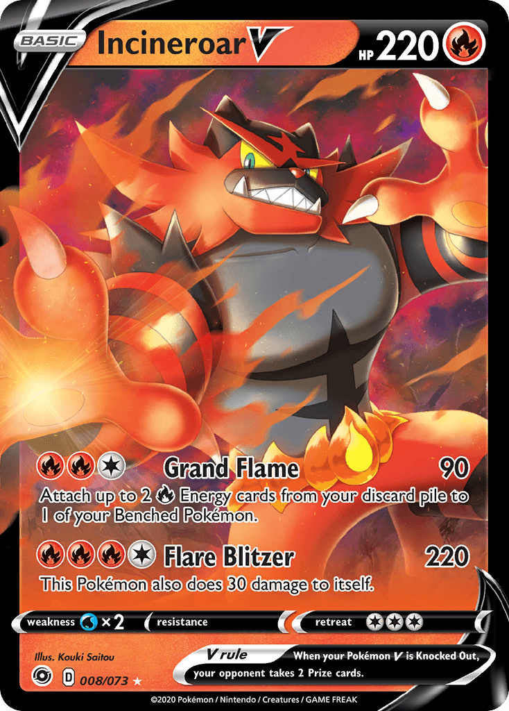 008, Fire, Holofoil, Sword & Shield: Champion's Path, Ultra Rare, Water[×2] Incineroar V (008/073) [Sword & Shield: Champion's Path] - Trading Card World