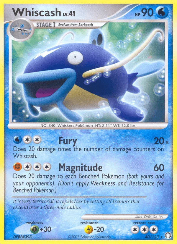 40, Diamond & Pearl: Mysterious Treasures, Grass[+30], Lightning[-20], Normal, Rare, Reverse Holofoil, Water Whiscash (40/123) [Diamond & Pearl: Mysterious Treasures] - Trading Card World