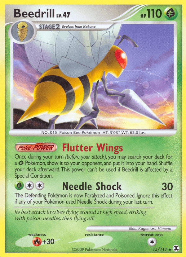 15, Fire[+30], Grass, Normal, Platinum: Rising Rivals, Rare, Reverse Holofoil Beedrill (15/111) [Platinum: Rising Rivals] - Trading Card World