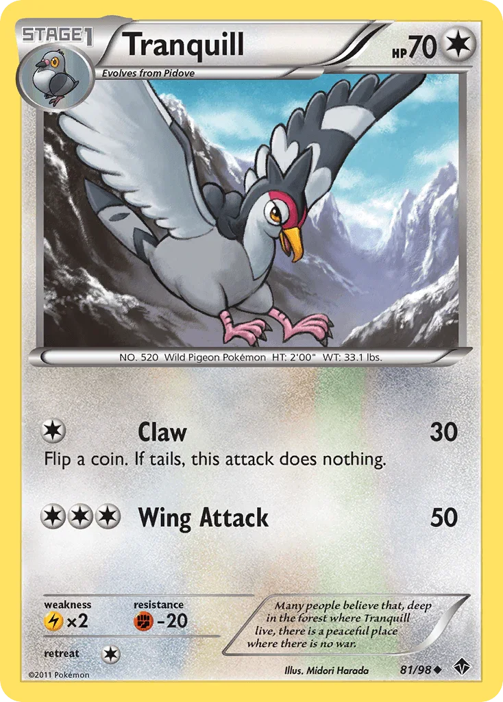81, Black & White: Emerging Powers, Colorless, Fighting[-20], Lightning[×2], Normal, Reverse Holofoil, Uncommon Tranquill (81/98) [Black & White: Emerging Powers] - Trading Card World