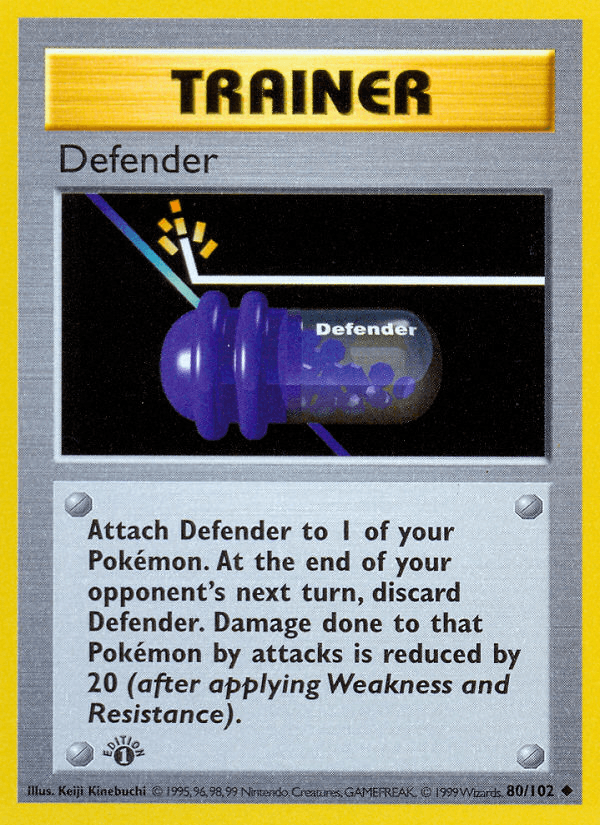 1st Edition Normal, 80, Base Set 1st Edition, Trainer, Uncommon Defender (80/102) (Shadowless) [Base Set 1st Edition] - Trading Card World
