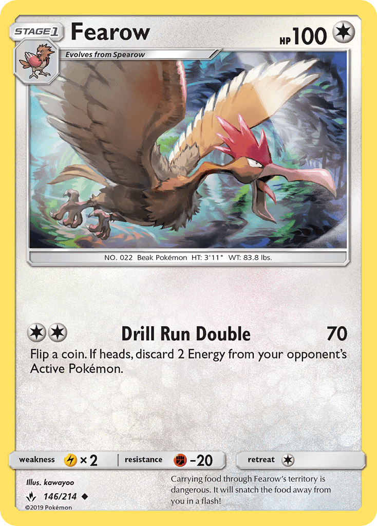 146, Colorless, Fighting[-20], Lightning[×2], Normal, Reverse Holofoil, Sun & Moon: Unbroken Bonds, Uncommon Fearow (146/214) [Sun & Moon: Unbroken Bonds] - Trading Card World