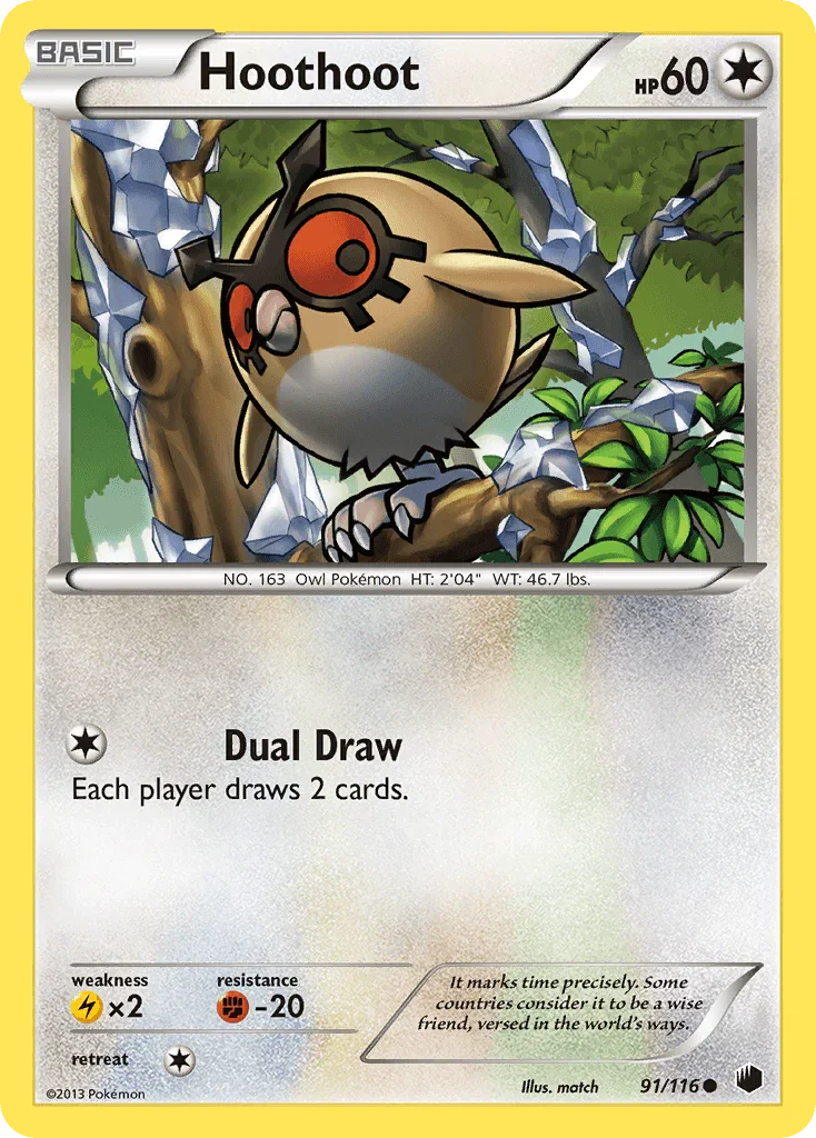 91, Black & White: Plasma Freeze, Colorless, Common, Fighting[-20], Lightning[×2], Normal, Reverse Holofoil Hoothoot (91/116) [Black & White: Plasma Freeze] - Trading Card World