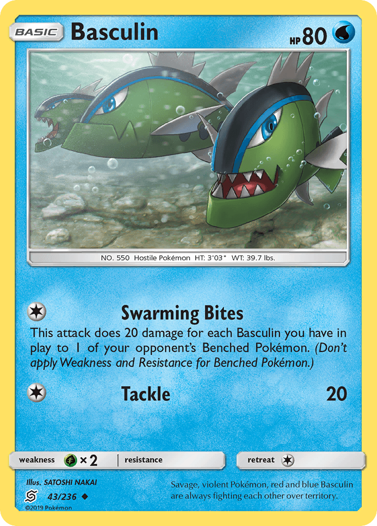 43, Grass[×2], Normal, Reverse Holofoil, Sun & Moon: Unified Minds, Uncommon, Water Basculin (43/236) [Sun & Moon: Unified Minds] - Trading Card World