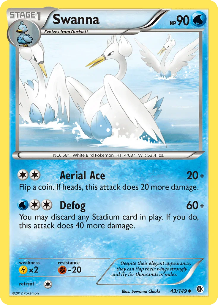 43, Black & White: Boundaries Crossed, Fighting[-20], Lightning[×2], Normal, Reverse Holofoil, Uncommon, Water Swanna (43/149) [Black & White: Boundaries Crossed] - Trading Card World