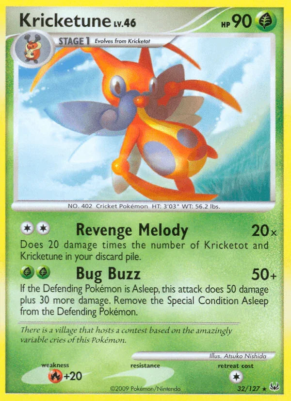 32, Fire[+20], Grass, Normal, Platinum: Base Set, Rare, Reverse Holofoil Kricketune (32/127) [Platinum: Base Set] - Trading Card World